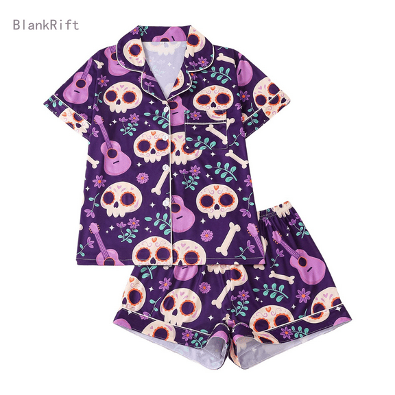 Halloween Pajama Set for Women Smooth Cute Print Collar Short Sleeve Button Up Nightwear and Shorts Lightweight 2 Piece Home Wear Set Relaxed Fit Womens Pj Sets