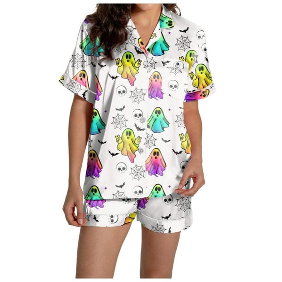 Halloween Pajama Set for Women Smooth Lightweight Pumpkin Graphic Button Down Short Sleeve Shirts and Shorts Minimalist 2 Piece Nightwear Matching Lounge Sets