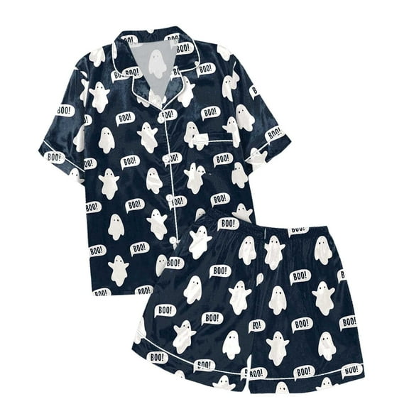 Halloween Pajama Set for Women Weightless Cloud Like Ghost Graphic Button Down Short Sleeve Shirts and Shorts 2 Piece Nightwear Relaxed Fit Women's Sleepwear