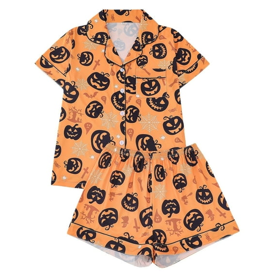 Halloween Pajama Set for Women 2 Piece Pj Set Short Sleeve Button Down Airy Nightshirt and Shorts Cushiony Relaxed Fit Women Pjs Sets