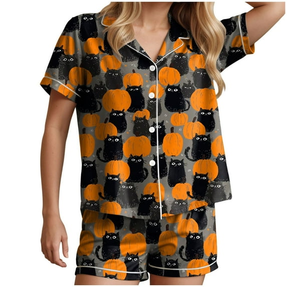 Halloween Pajama Set for Women 2025 Graphic Button Up Sleepwears Ladies Ctue 2 Piece Top and Shorts Pjs Sets - Short Sleeve V Neck