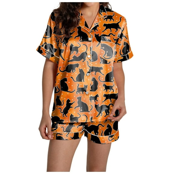 Halloween Pajama Set for Women Buttery Breathable Ghost Graphic Short Sleeve Button Down Shirts and Shorts Relaxed Fit 2 Piece Sleepwear Cute Pjs