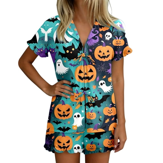 Halloween Pajama Set for Women Halloween Print Short Sleeve Top and Shorts 2 Piece Separate Casual Sleep Loungewear