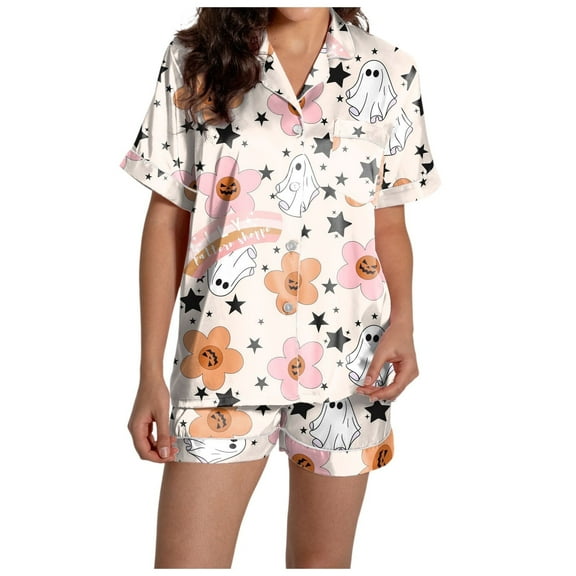 Halloween Pajama Sets for Women Smooth Lightweight Pumpkin Graphic Button Down Short Sleeve Shirts and Shorts Minimalist 2 Piece Nightwear Womens Pj Sets