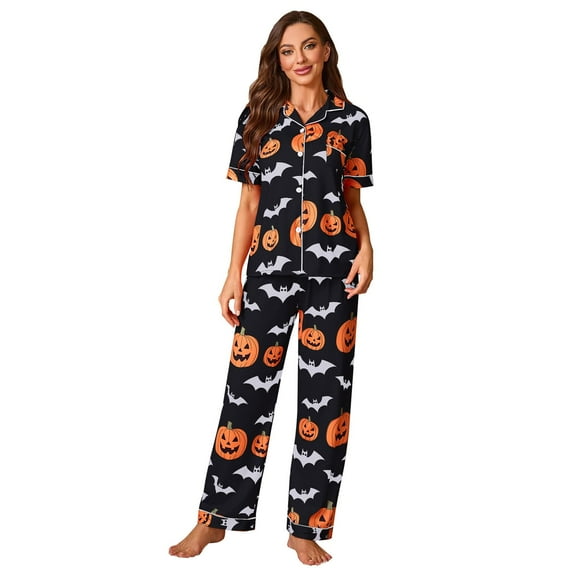 Halloween Pajama Womens Pajama Sets Long Sleeve Button Down Sleepwear 2 Piece Nightwear Soft Pjs Lounge Sets