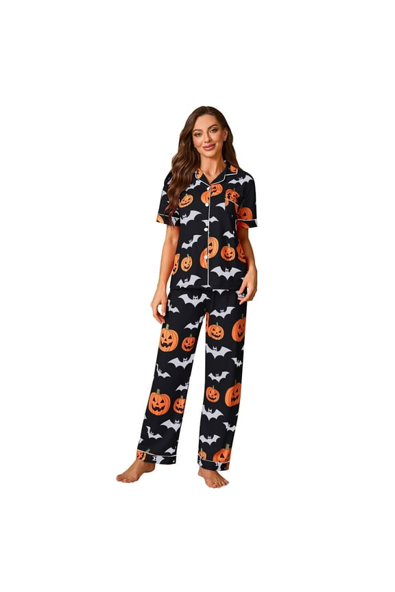 Halloween Pajama Womens Pajama Sets Long Sleeve Button Down Sleepwear 2 Piece Nightwear Soft Pjs Lounge Sets