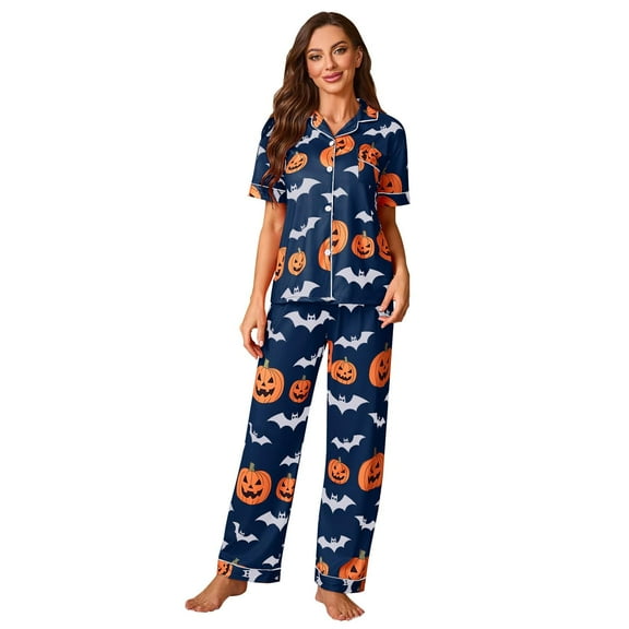 Halloween Pajama Womens Pajama Sets Long Sleeve Button Down Sleepwear 2 Piece Nightwear Soft Pjs Lounge Sets