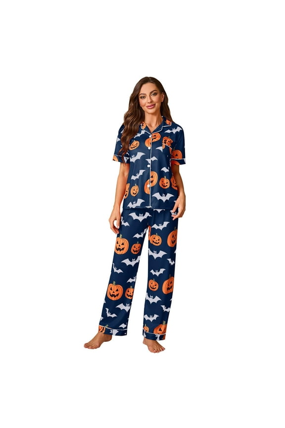 Halloween Pajama Womens Pajama Sets Long Sleeve Button Down Sleepwear 2 Piece Nightwear Soft Pjs Lounge Sets