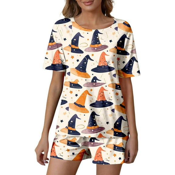 Halloween Pajamas 2 Pcs Milk Protein Fiber Pajama Set Halloween Printed Button Down Womens Pajamas Shorts Set Loungewear For Women Cute Pj Sets Woman