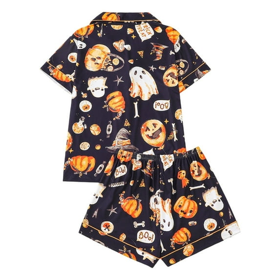Halloween Pajamas 2 Pcs Satin Pajama Set Bat Skeleton Printed Button Up Pajamas for Women Short Sets Lounge Wear for Women Women Sets