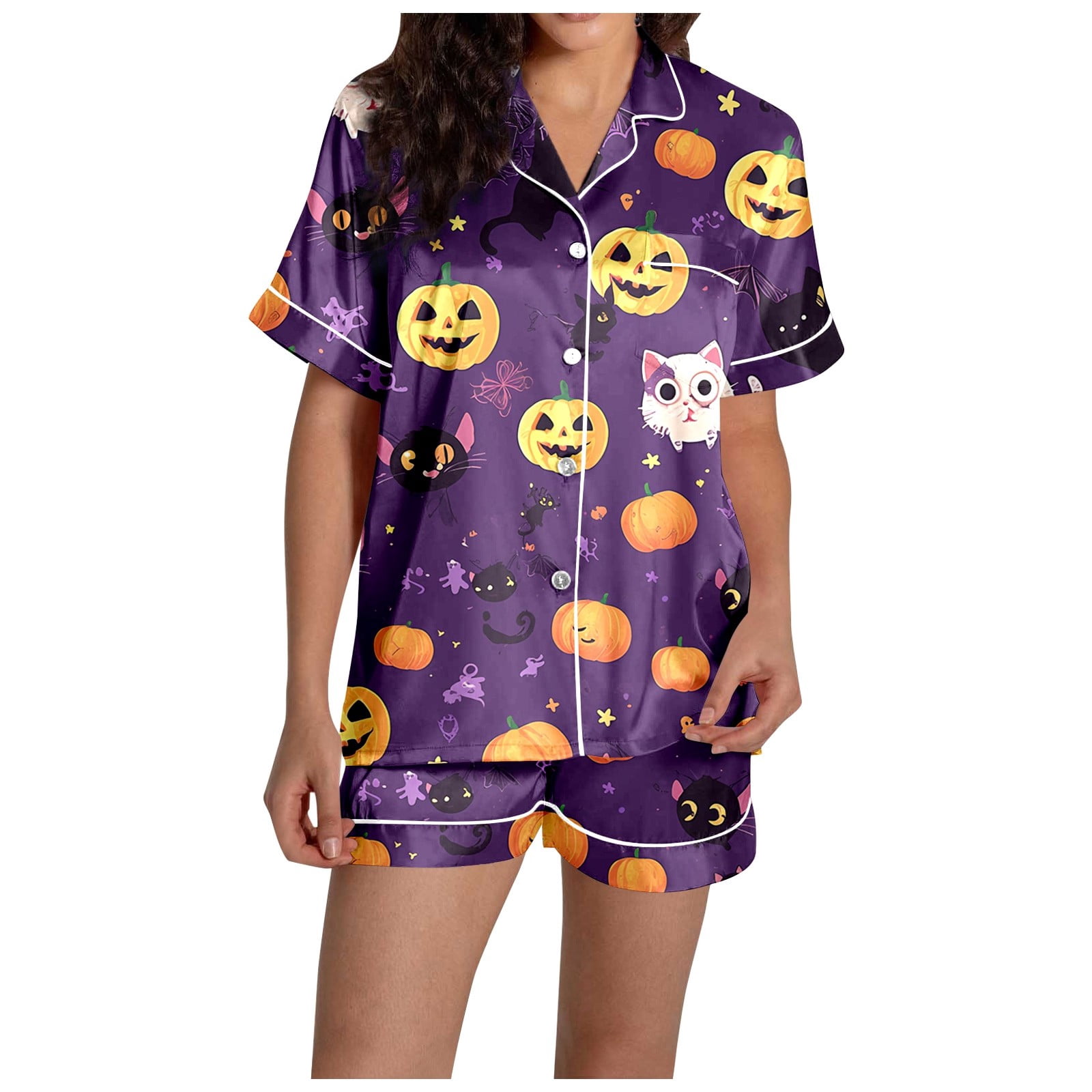 Halloween Pajamas 2 Pcs Silk Satin Soft Sleepwear Outfits Bat Skeleton ...