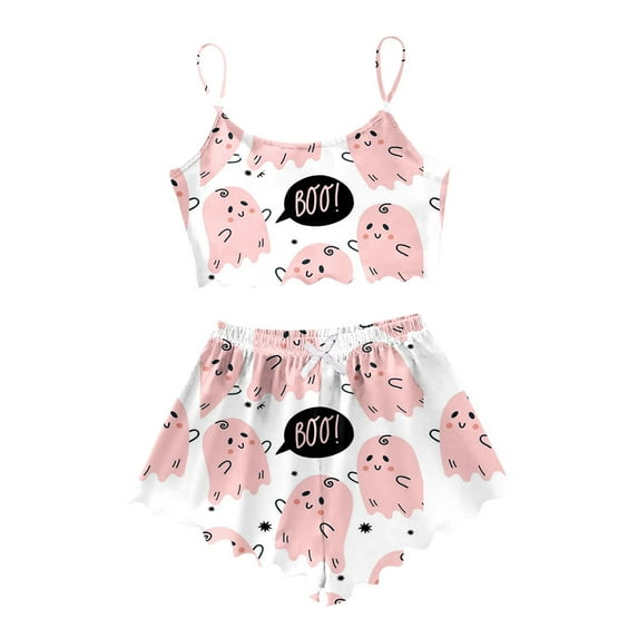 Halloween Pajamas 2 Piece Pjs Set Cute Print Spaghetti Strap Lettuce Trim Cami Shorts Halloween Pjs Black L