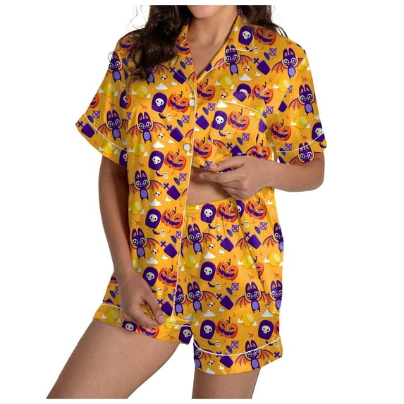 Halloween Pajamas 2 Piece Pjs Set Pumpkin Ghost Print Short Sleeve Button Down Halloween Pjs Women Gold S
