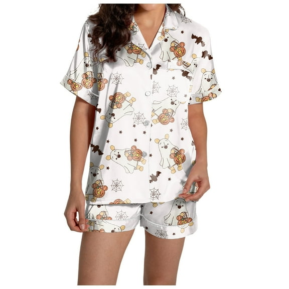 Halloween Pajamas 2 Piece Pjs Set Pumpkin Graphic Button Down Short Sleeve Shirts Shorts Silk Halloween Pjs Blue XXL