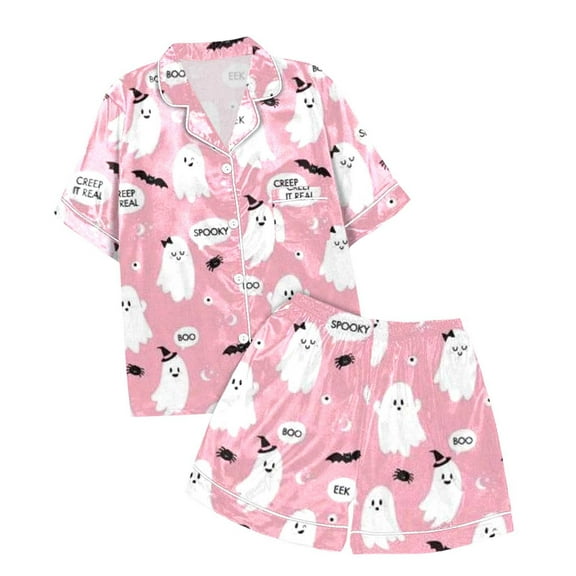 Halloween Pajamas 2 Piece Pjs Set Silk Satin Ghost Pumpkin Graphic Short Sleeve Button Top Shorts Halloween Pjs Pink XL