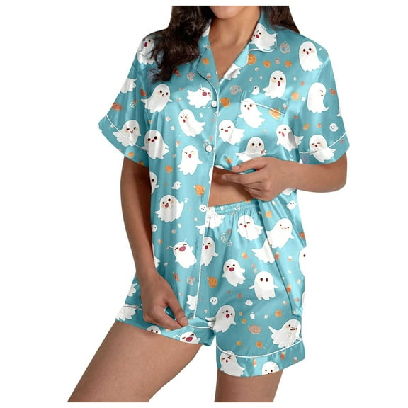Halloween Pajamas 2 Piece Silk Pijamas Women Set Halloween Printed Button Down Short Sets For Women Loungewear Sets Woman Ladies Pajamas Sets
