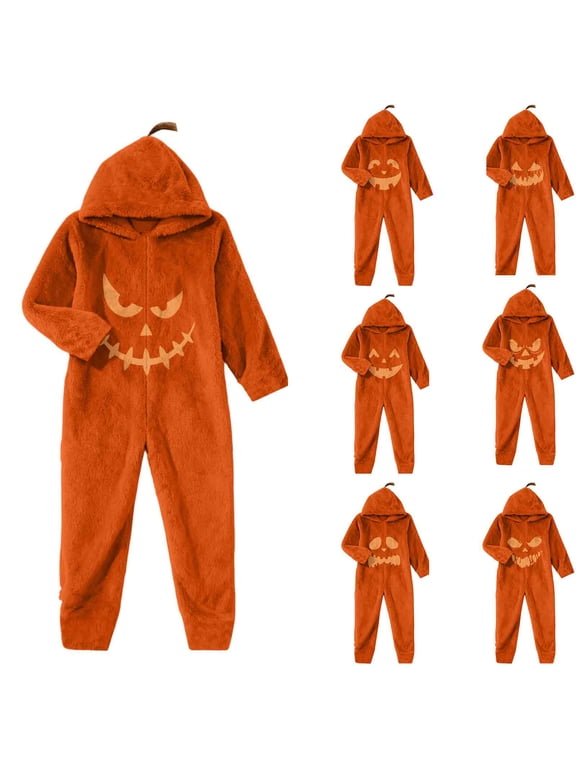 Halloween Pajamas Costume Boys Girls, Cozy Plush Pumpkin Jack O Lantern Hooded Onesies Kids Oversized Warm One Piece Jumpsuit Halloween Party Loungewear