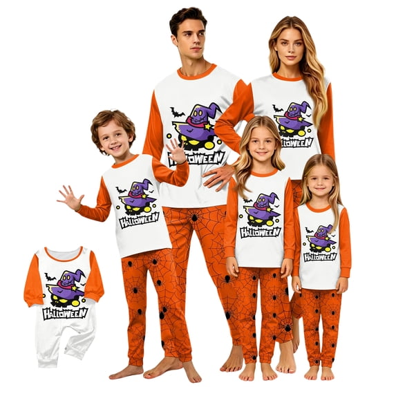Halloween Pajamas, Family Halloween Pajamas, Halloween Matching Family Pajamas Bright Orange Witch Hat Print Long Sleeve 2 Piece Pj Set Festive Sleepwear Nightwear Loungewear Fall Spooky Photos