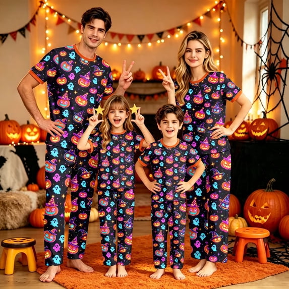Halloween Pajamas, Family Matching Pajamas, Halloween Pajamas for Family, Halloween Family Pajamas Black Neon Colorful Pumpkin Ghost Print Short Sleeve Pants Set for Trick Or Treat, Baby 12 Months