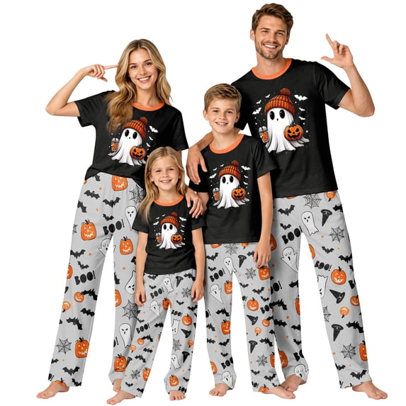 Halloween Pajamas Family Set - 2 piece Ghost with Pumpkin Short Sleeve Tops+Pants Loungewear Sets,Halloween Pajamas for Family Matching Sets & Xmas for 12 Months Pjs