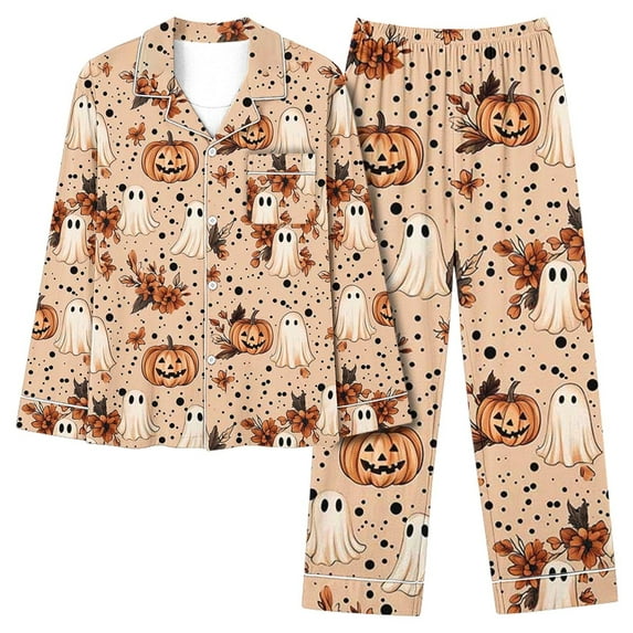 Halloween Pajamas For Women Set Long Sleeve Top And Pants Elastic Waistband Set With Pockets Loungewear Yoga Casual Wear Suit Multicolor S L