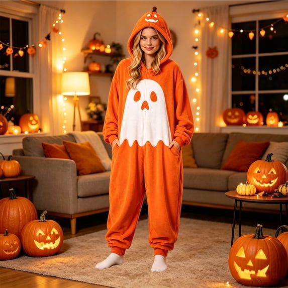 Halloween Pajamas Ghost Themed Hooded Onesie Plush Pjs for Women (Orange XL)