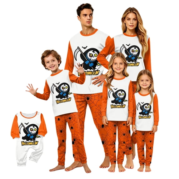 Halloween Pajamas, Halloween Matching Family Pajamas Deep Orange Witch Print Long Sleeve 2 Piece Pajama Set Rich Sleepwear Nightwear Loungewear Spooky Season Photos