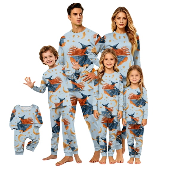 Halloween Pajamas, Halloween Matching Family Pajamas Light Blue Witch Print Long Sleeve 2 Piece Pajama Set Warm Sleepwear Nightwear Loungewear Winter Holiday Festive Season Pictures