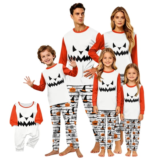 Halloween Pajamas, Halloween Matching Family Pajamas White Ornament Pumpkin Print Long Sleeve Two Piece Pj Set Festive Sleepwear Nightwear Loungewear Holiday Photos