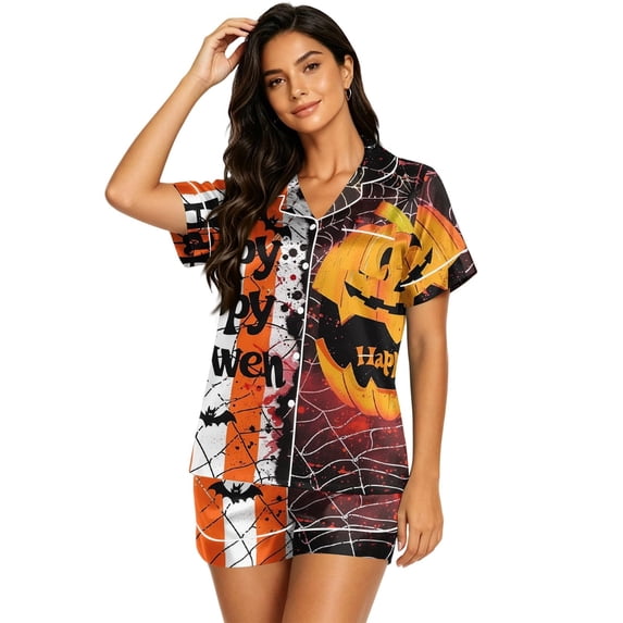Halloween Pajamas Halloween Print Waist Button Short Sleeve Pajamas for Women Set