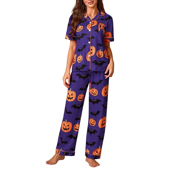 Halloween Pajamas Halloween Printed Short Sleeve Long Pants Pajamas for Women Set
