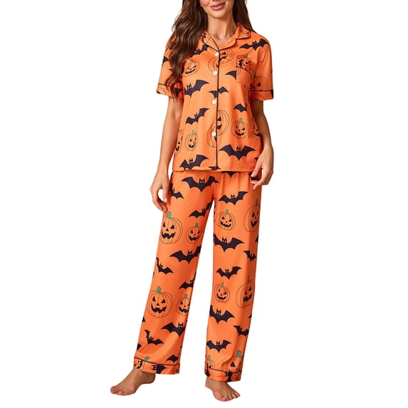 Halloween Pajamas Halloween Printed Short Sleeve Long Pants Pajamas for Women Set