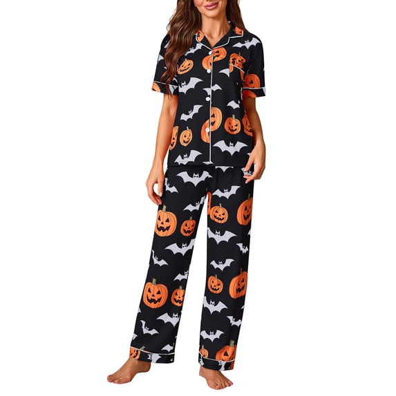 Halloween Pajamas Halloween Printed Short Sleeve Long Pants Pajamas for Women Set