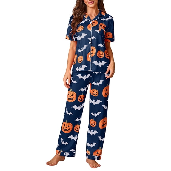 Halloween Pajamas Halloween Printed Short Sleeve Long Pants Pajamas for Women Set