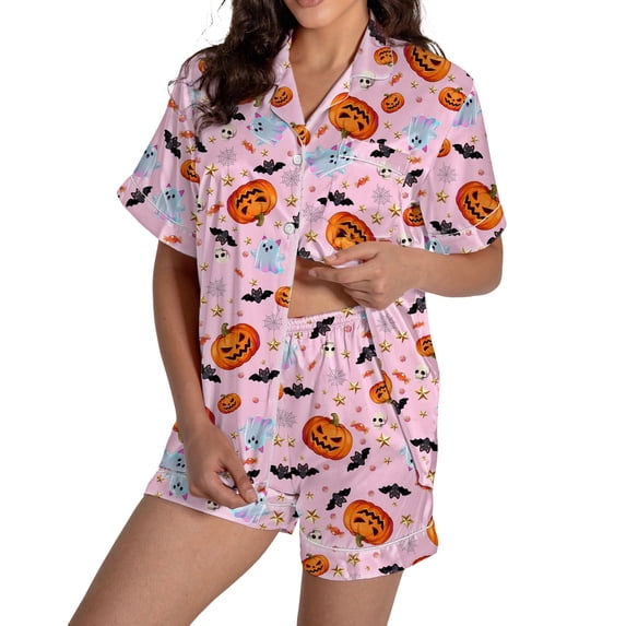 Halloween Pajamas Halloween Pumpkin Print Plus Size Button Nightwear Pajamas for Women Set