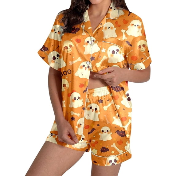 Halloween Pajamas Halloween Pumpkin Print Plus Size Button Nightwear Pajamas for Women Set