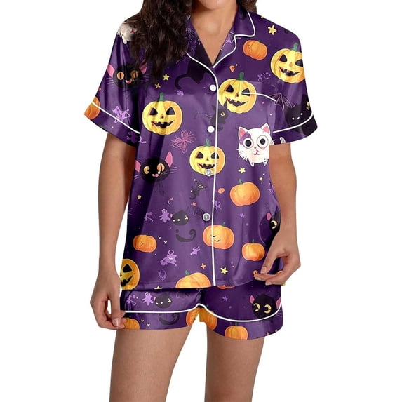 Halloween Pajamas Halloween Pumpkin Print Plus Size Button Nightwear Pajamas for Women Set