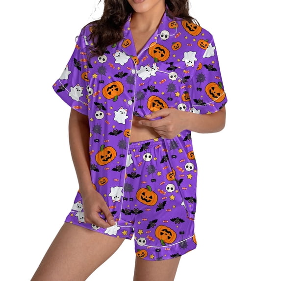 Halloween Pajamas Halloween Pumpkin Print Plus Size Button Pajamas for Women Set