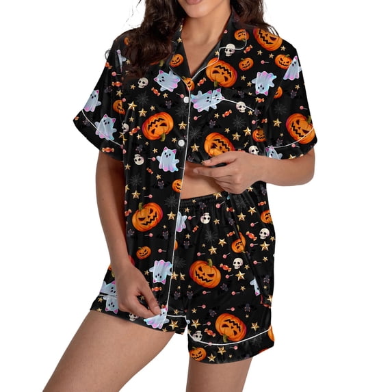 Halloween Pajamas Halloween Pumpkin Print Plus Size Button Pajamas for Women Set