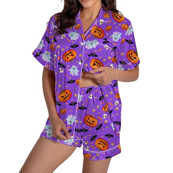 Halloween Pajamas Halloween Pumpkin Print Plus Size Button Pajamas for Women Set