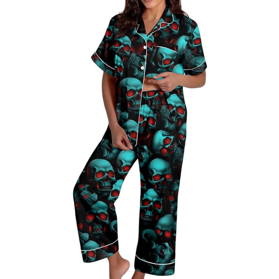 Halloween Pajamas Halloween Pumpkin Print Plus Size Wide Leg Button Pajamas for Women Set