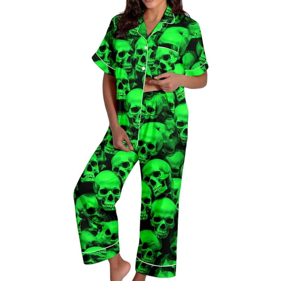 Halloween Pajamas Halloween Pumpkin Print Plus Size Wide Leg Button Pajamas for Women Set