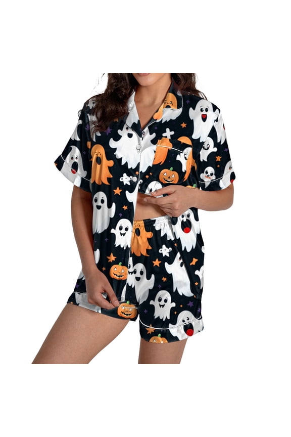 Halloween Pajamas Halloween Satin Print Button Short Sleeve Pajamas for Women Set