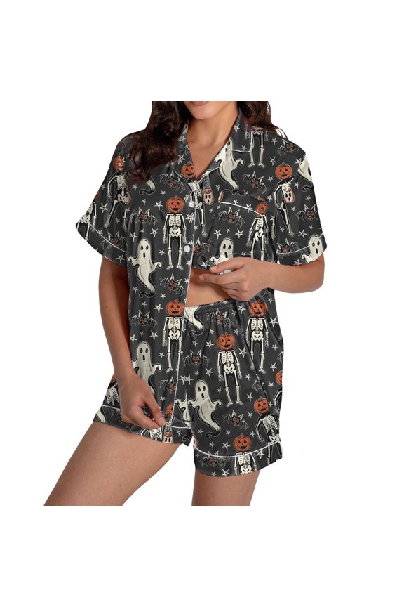 Halloween Pajamas Halloween Satin Print Button Short Sleeve Pajamas for Women Set