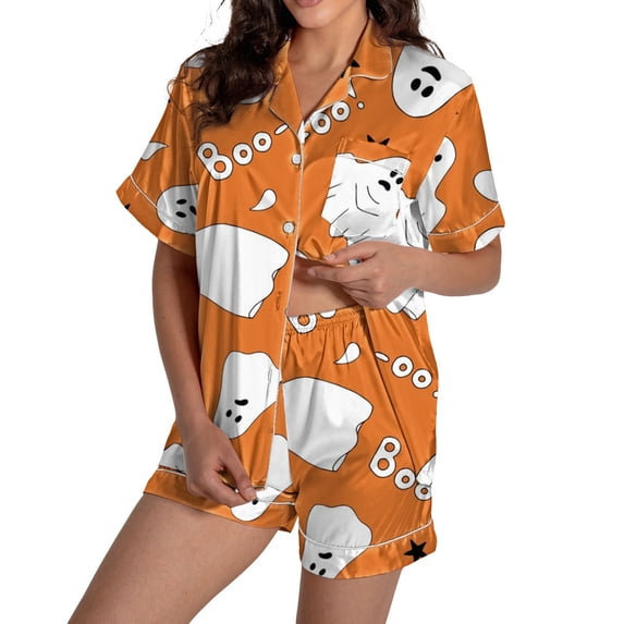 Halloween Pajamas Halloween Satin Print Button Short Sleeve Pajamas for Women Set