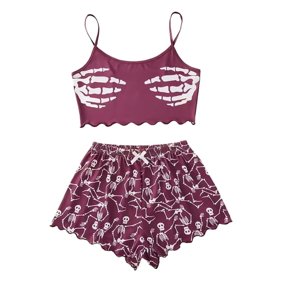 Halloween Pajamas Halloween Skeleton Print Lettuce Trim Pajamas for Women Set