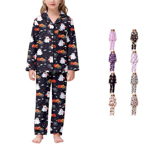 Halloween Pajamas Kids 2 Piece Soft Satin Pjs Long Sleeve Button-Down Loungewear