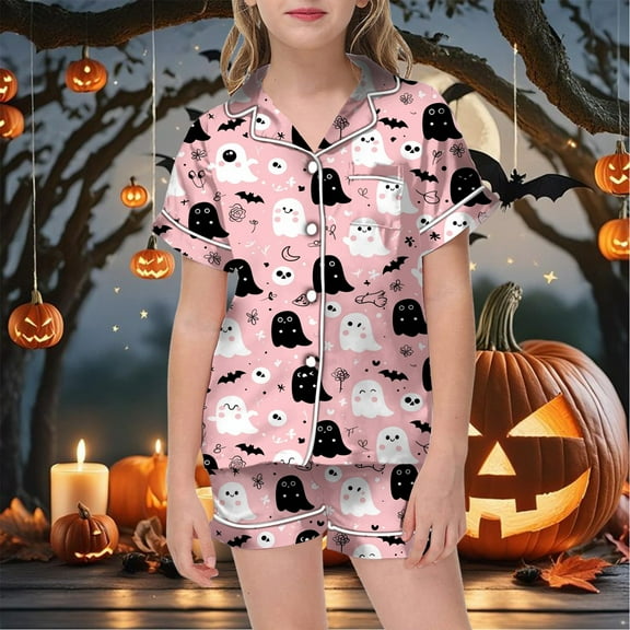 Halloween Pajamas Kids Ghost Pumpkin Print Girls Pajamas Set Silk Satin Short Sleeve Button-Down Shirts Shorts Set Tween Girl Pajamas Size 10-11 Years