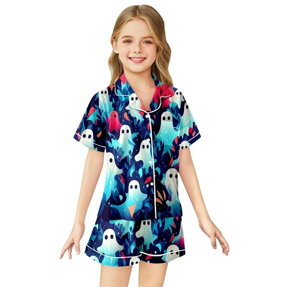 Halloween Pajamas Kids Ghost Pumpkin Print Satin Pajama Set Short Sleeve Button-Down Shirts with Shorts Set Kids 4-5 Years Pajamas Girls
