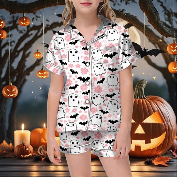 Halloween Pajamas Kids Ghost Pumpkin Print Satin Pajamas for Girls Boys Short Sleeve Button Down Nightwear with Shorts Set Tween 10-11 Years Girl Pajamas